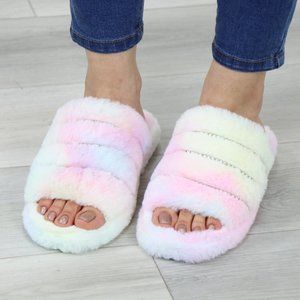 Tie Dye Puff Fuzzy Fluffy Slip On Plush Slippers Diamond Accents